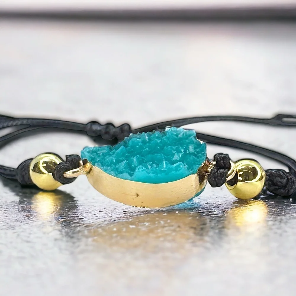 Chic NWOT Black Leather Adjustable Bracelet with Dazzling Gold & Turquoise Charm